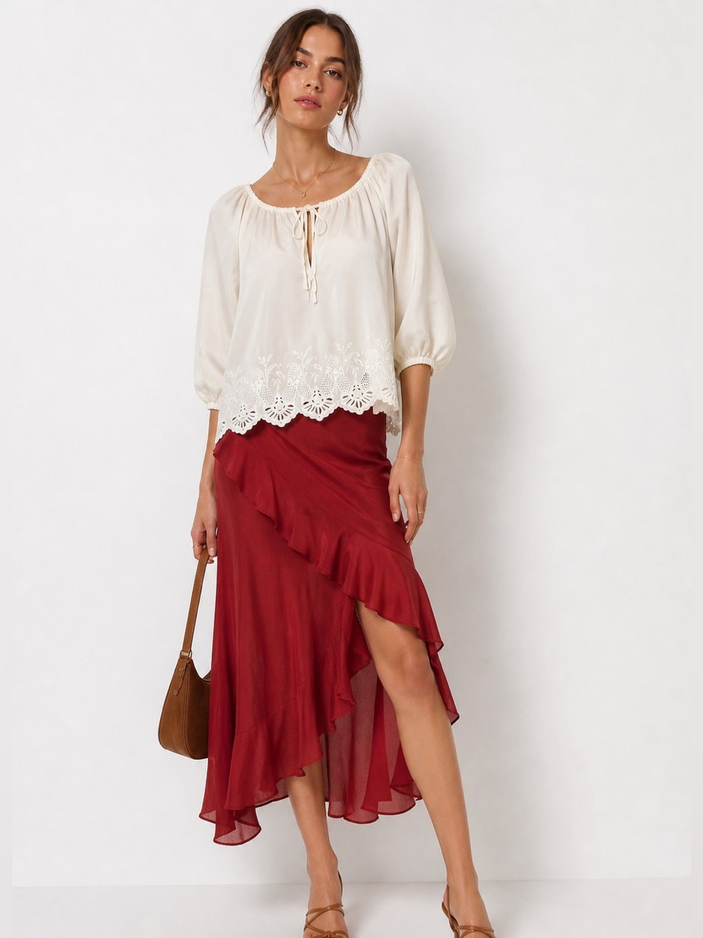 Club Monaco  silk Cream Peasant-Style Blouse with Lace Hem